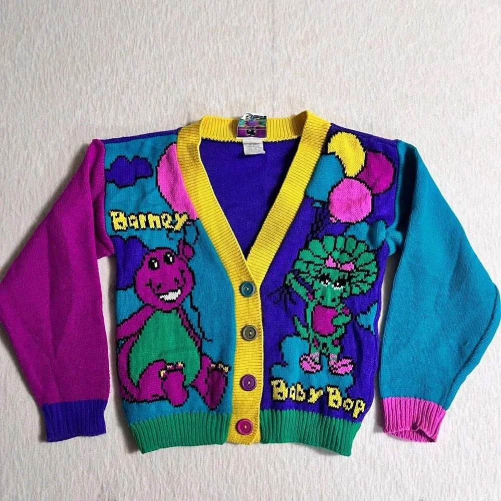 Vintage 1992 Barney Baby‎ Bop Cardigan Sweater Kids Size 6 Colorful USA Rare